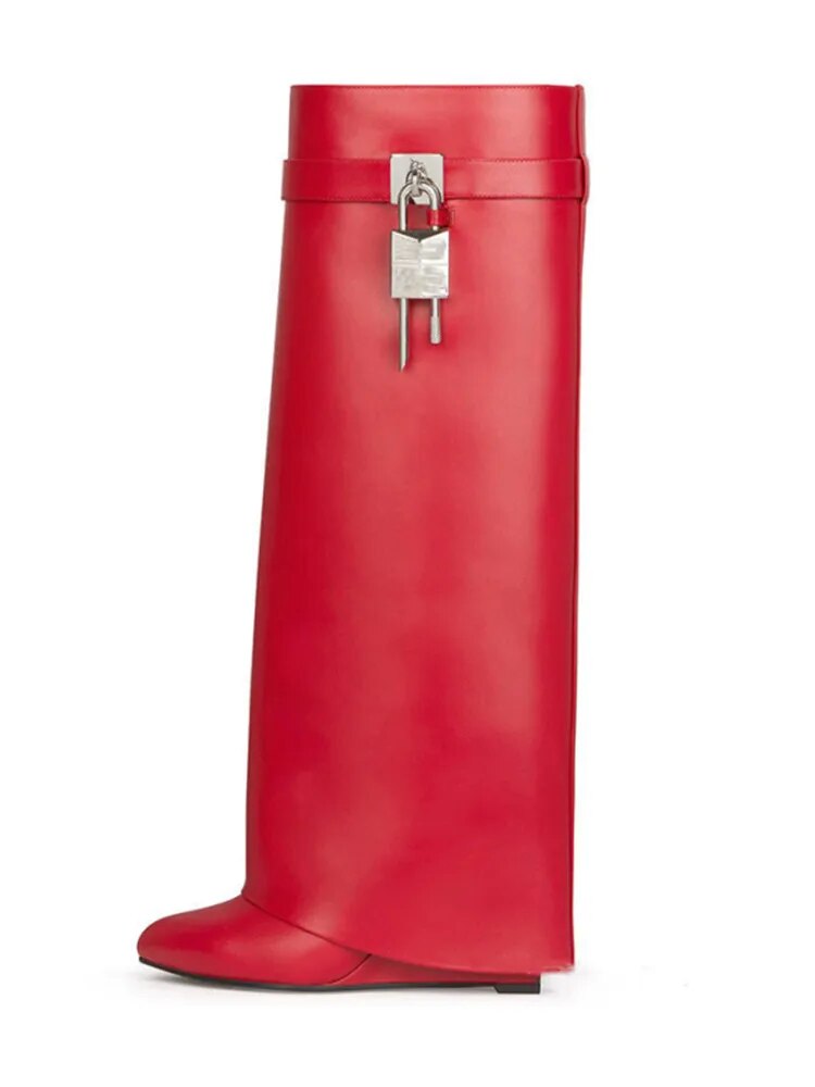 Women's New Knee High Boots Shark Lock Long Thick Soled High-heeled Boots Designer Luxury Brand Women's Leather Boots