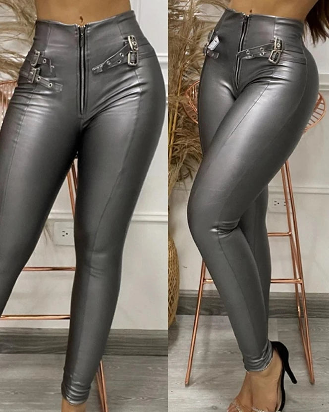 Women's Pants Spring Fashion Eyelet Zipper Design Metallic Skinny Casual Plain Daily High Waist Long Pants Y2K Streetwear