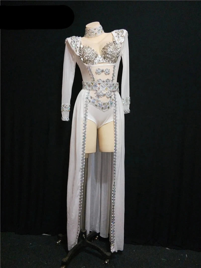Women's Party Fashion Vocalist Model Sexy White Deluxe Towed Rhinestone Club Dance Stage Costumes