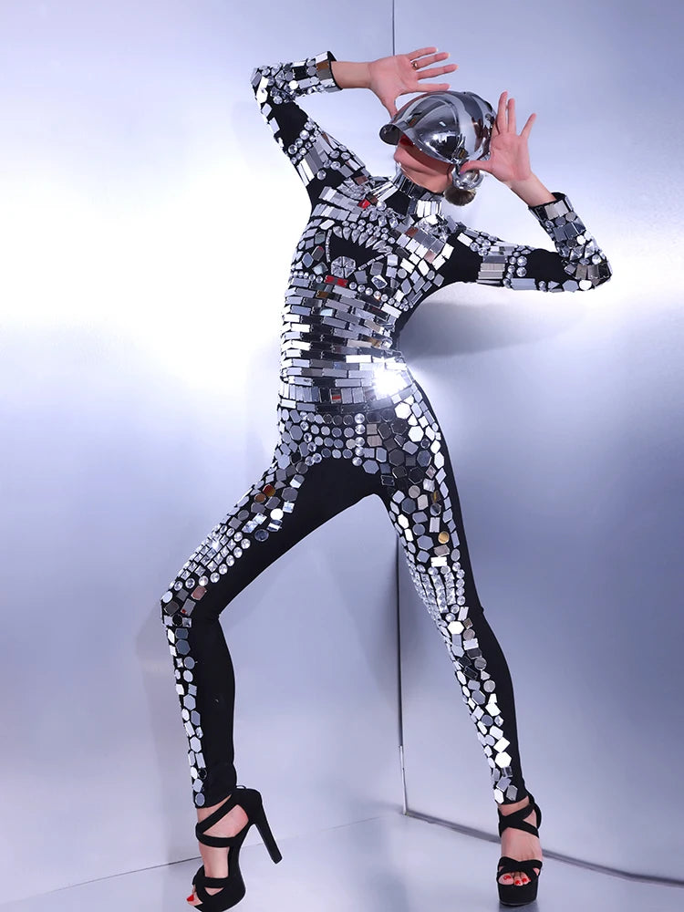 Women Singer  Sparkly Jumpsuit Mirror Bodysuit Stage Dance Performance Wear  Nightclub Show Singer Dance Costume