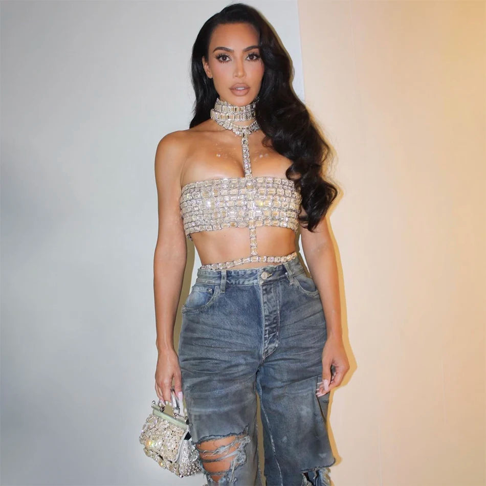 Celebrities' Same Style Silver Large Acrylic Halter Neck Tube Top Waist Tight Top Sexy Hottie Crystal Top