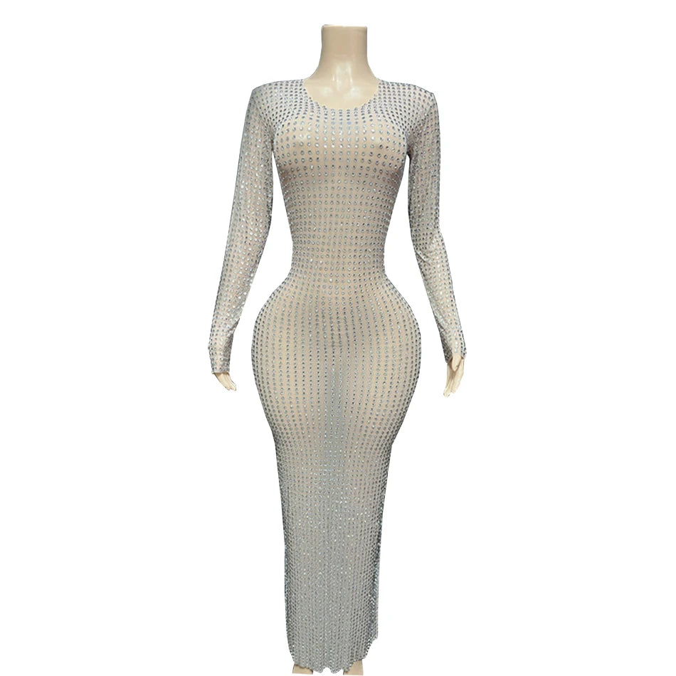 Perspective Hollow High Neck Long Sleeve Zipper Tight Hot Diamond Long Dress Sexy Ladies Carnival Event