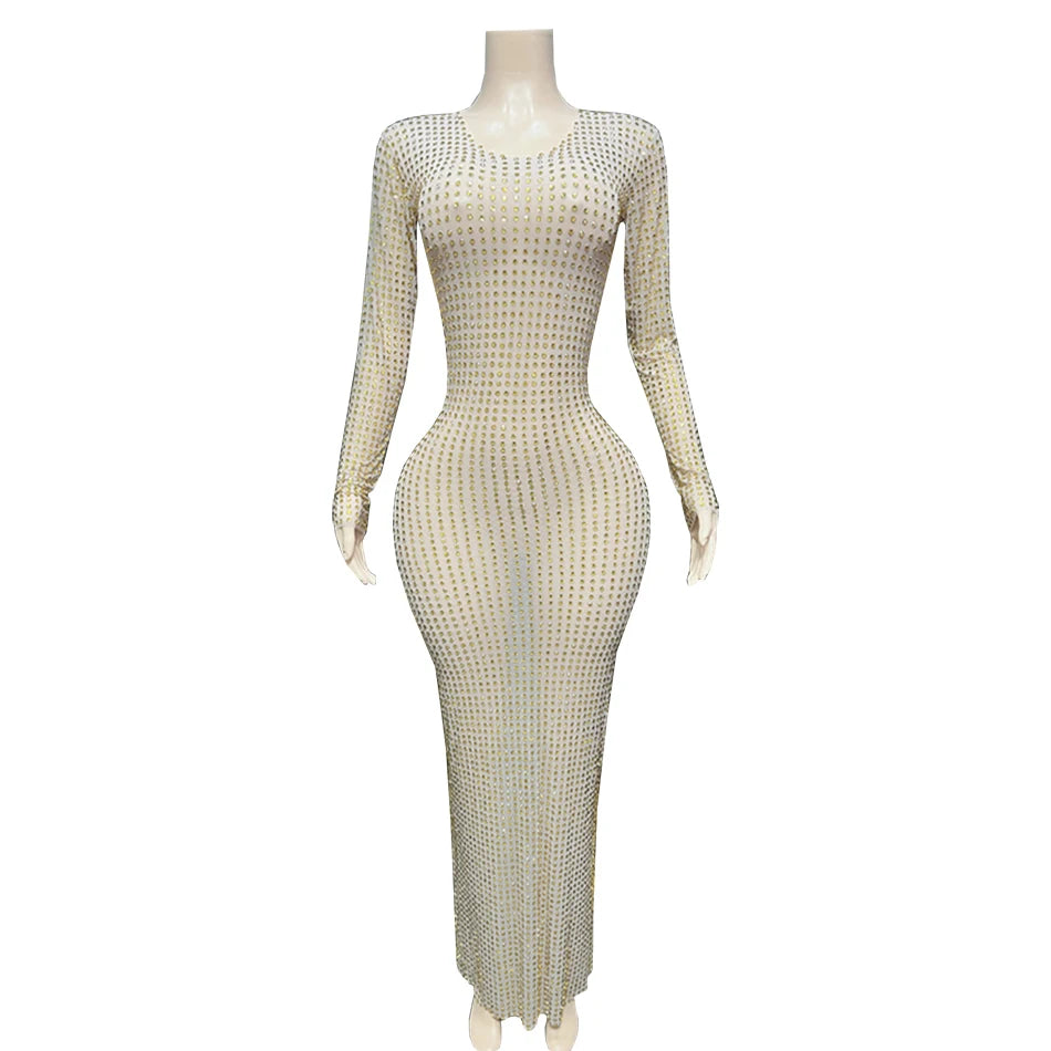 Perspective Hollow High Neck Long Sleeve Zipper Tight Hot Diamond Long Dress Sexy Ladies Carnival Event