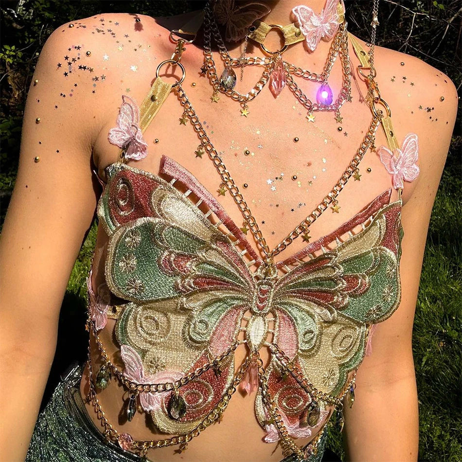 Sexy Woman Crystal Chain Butterfly Embroidery Sleeveless Backless Adjustable Ultra Short Top Music Prom
