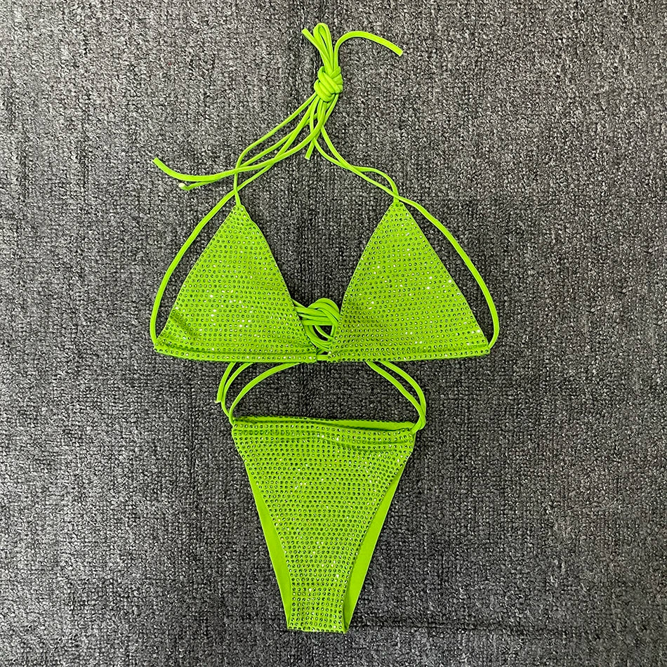 Shiny Colorful Strap Cropped Navel Short Top Ironing Craft Sexy Ladies Summer Beach Vacation Crystal Bikini