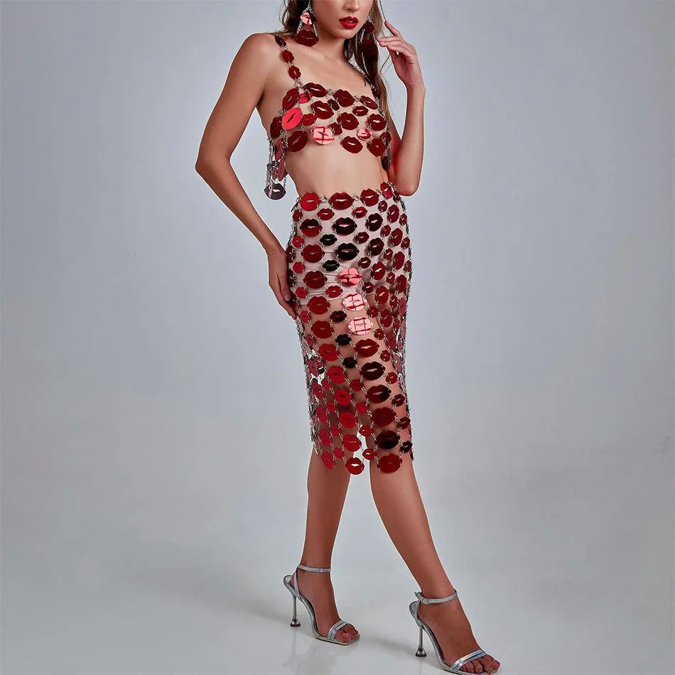 Shiny Sequins Red Lips Acrylic Stitching Metal Chain Combination Skirt Sexy Girl Sweet Date