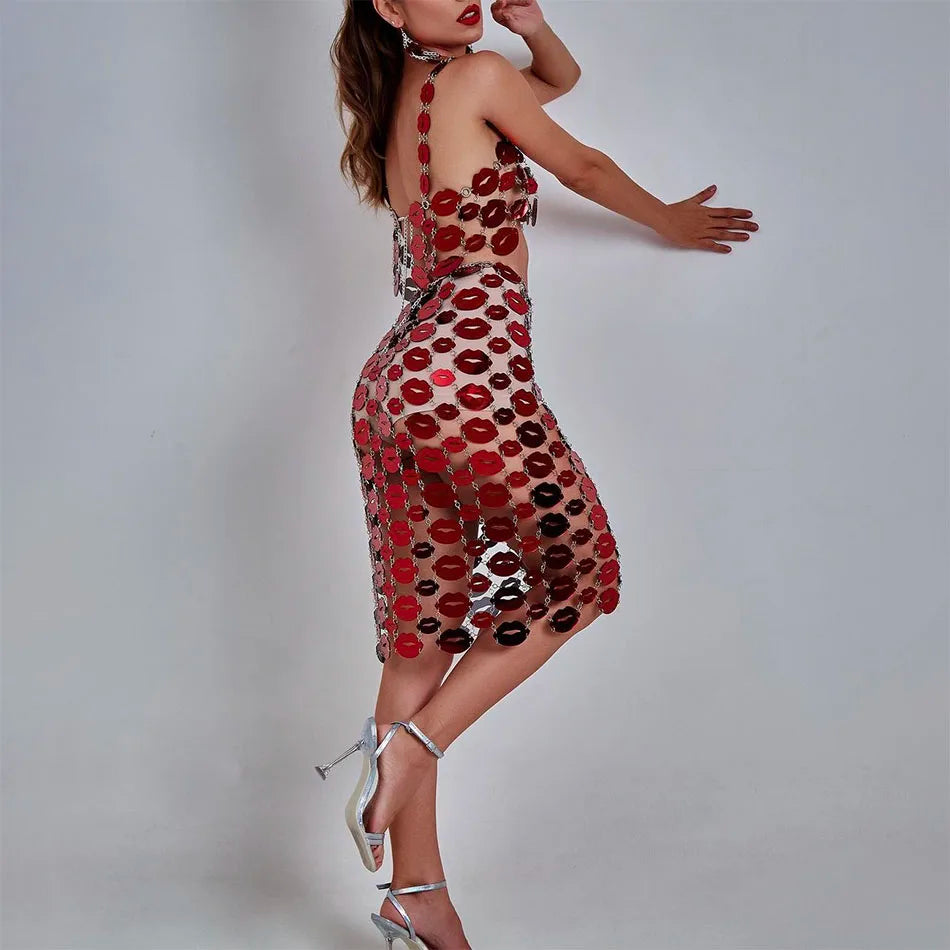 Shiny Sequins Red Lips Acrylic Stitching Metal Chain Combination Skirt Sexy Girl Sweet Date