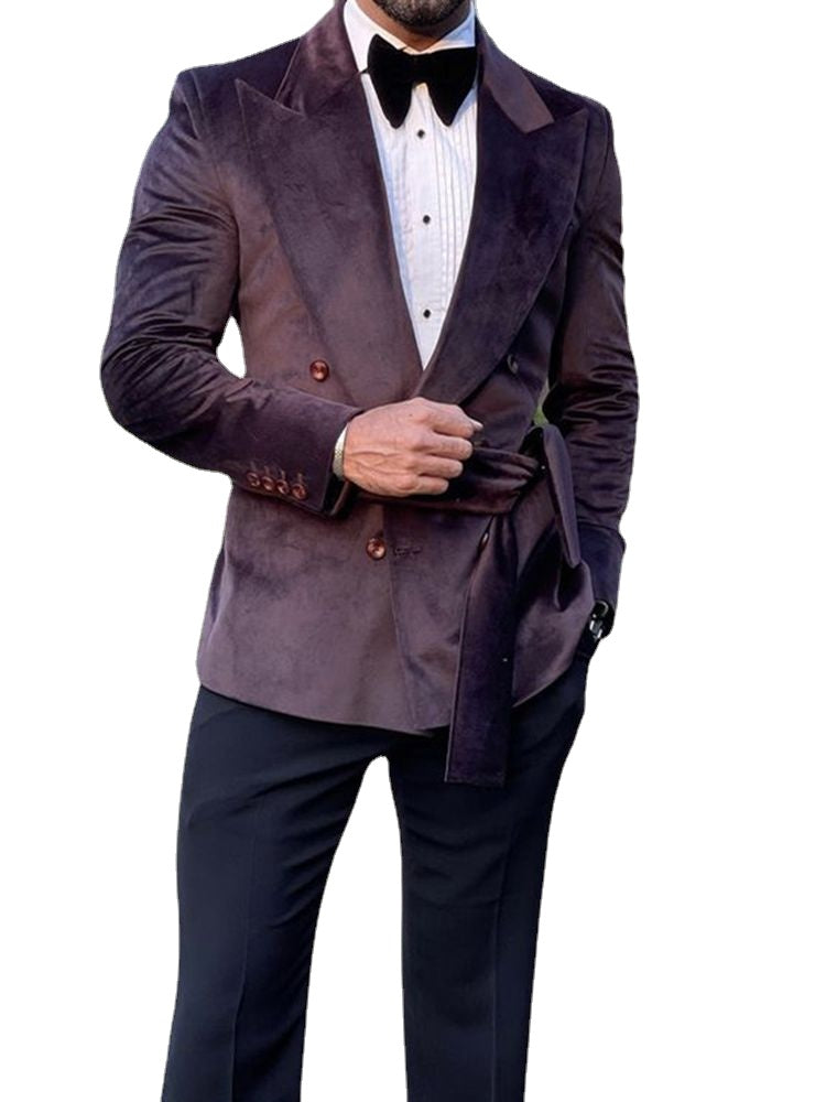 Velvet Men Suits With Belt Custom Made Wedding Tuxedo Terno Prom Groom 2 Pieces Slim Fit Blazer Jacket+Pant