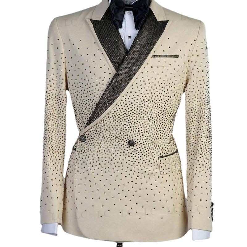 Sparkly 2 Piece Blazer One Button Men Suits Tuxedo Beadings Crystals High Fashion Party Wear Prom Wedding Groom Plus Size Custom