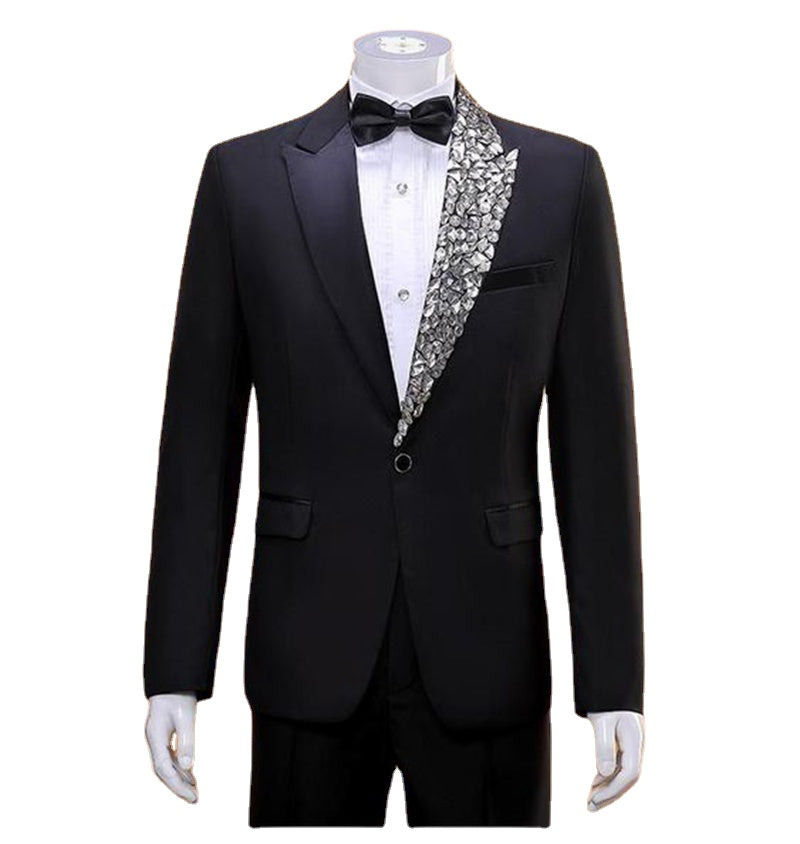 Diamonds Crystals Luxury BlackWedding Groom Men Suits 2 Piece Blazer Pants One Button Tuxedo Formal Work Prom Plus Size Tailored