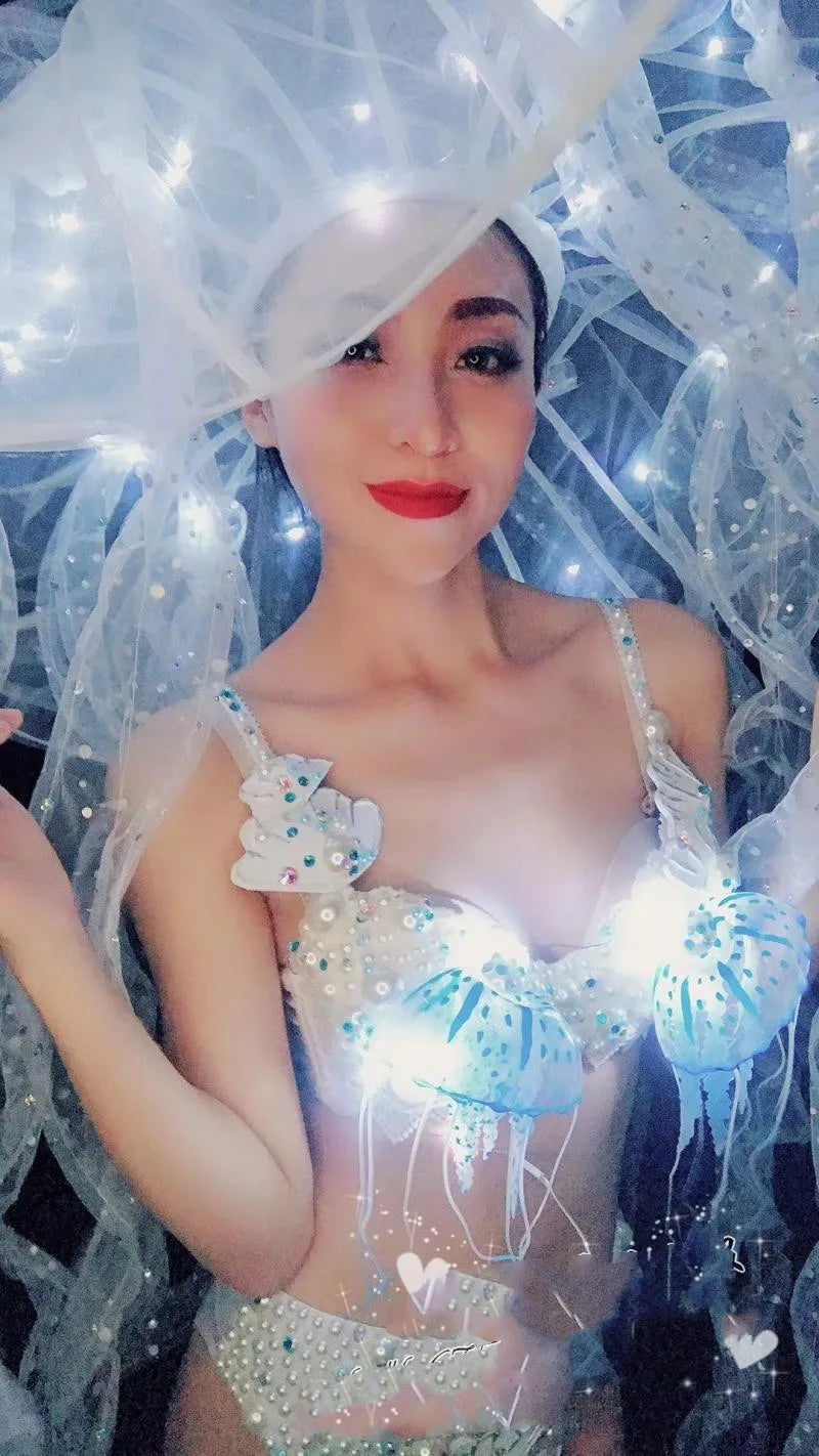 Bar Stage DS Set Performance Costume LED Luminous Jellyfish Hat Luminous Bikini Set