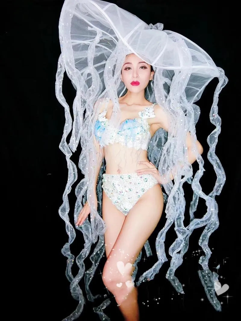 Bar Stage DS Set Performance Costume LED Luminous Jellyfish Hat Luminous Bikini Set