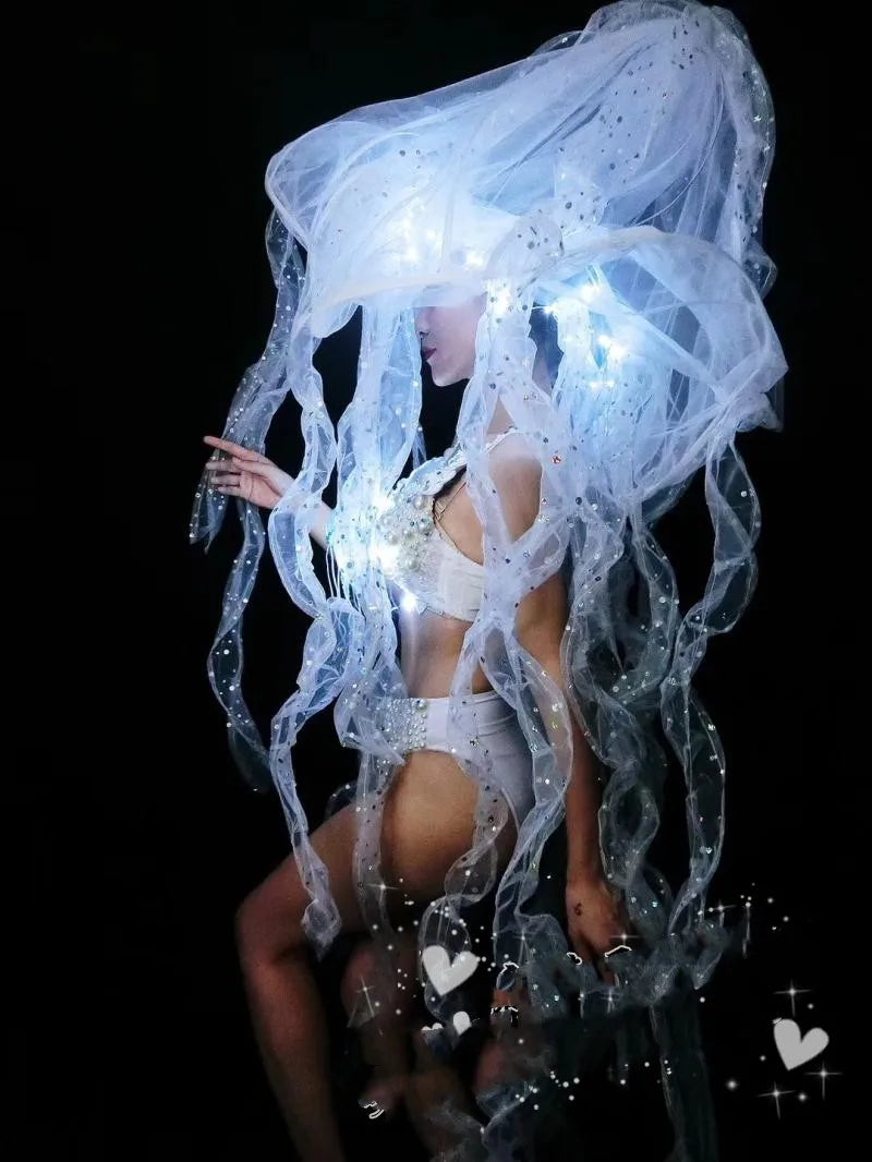 Bar Stage DS Set Performance Costume LED Luminous Jellyfish Hat Luminous Bikini Set