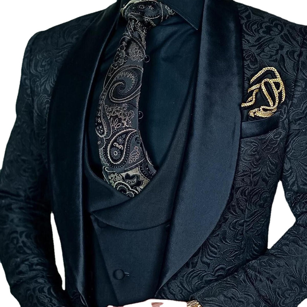 Custom Made Satin Jacquard Wedding Groom Slim Fit Men Suits with Shawl Lapel 3 Pieces (Blazer + Vest + Pants )