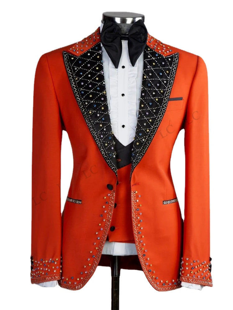 Luxury Diamonds 3 Pieces Blazer Pants Beadings Vest One ButtonMen Suits Tuxedo FashionFormal Prom Wedding Groom Plus Size Custom