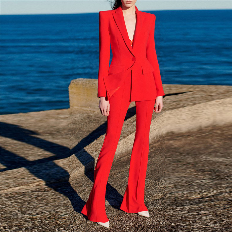 All Season Lemon Yellow Office Lady Suit Double-breasted Long Sleeve Blazer Flared Pants Women Solid 2PCS