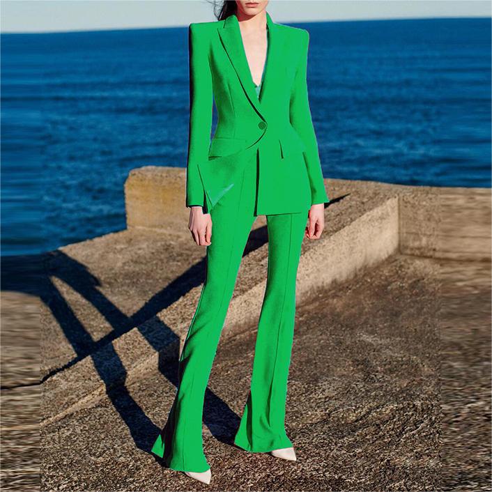 All Season Lemon Yellow Office Lady Suit Double-breasted Long Sleeve Blazer Flared Pants Women Solid 2PCS