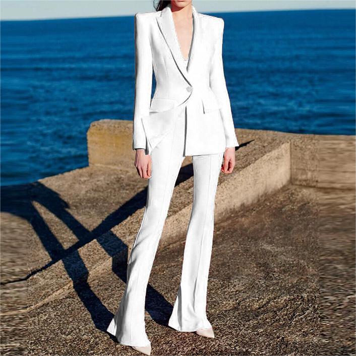 All Season Lemon Yellow Office Lady Suit Double-breasted Long Sleeve Blazer Flared Pants Women Solid 2PCS