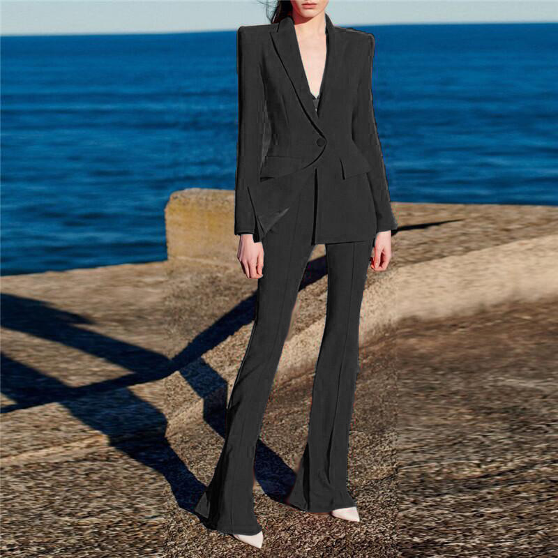 All Season Lemon Yellow Office Lady Suit Double-breasted Long Sleeve Blazer Flared Pants Women Solid 2PCS