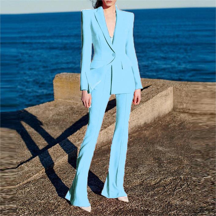 All Season Lemon Yellow Office Lady Suit Double-breasted Long Sleeve Blazer Flared Pants Women Solid 2PCS