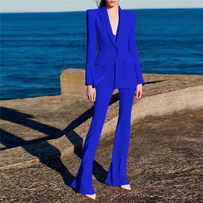 All Season Lemon Yellow Office Lady Suit Double-breasted Long Sleeve Blazer Flared Pants Women Solid 2PCS