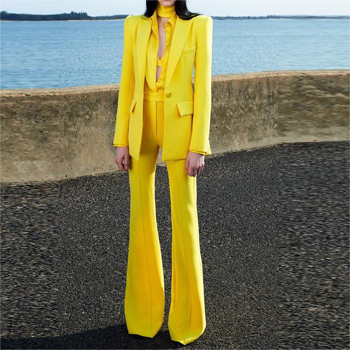 All Season Lemon Yellow Office Lady Suit Double-breasted Long Sleeve Blazer Flared Pants Women Solid 2PCS