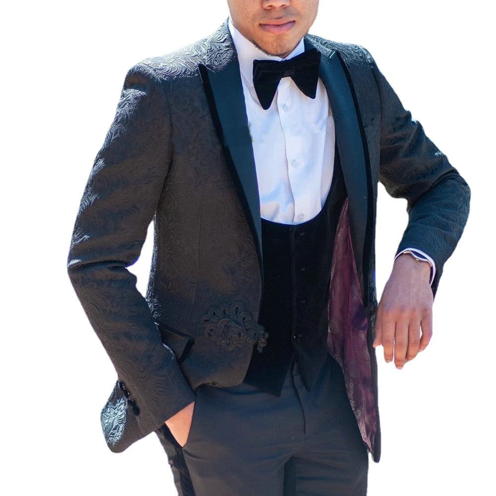 Black Paisley Smoking Jacket Men Suits Peaked Lapel Design 3 Pieces Men Wedding Tuxedos Party Prom Costume