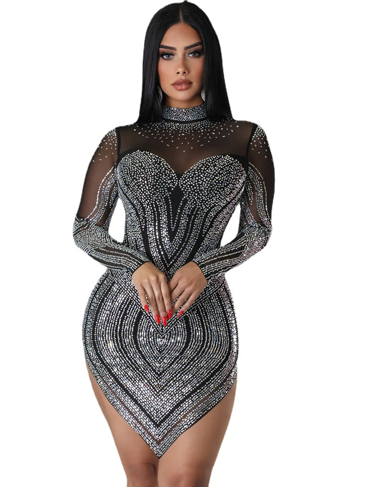 Sexy Rhinestone Crystal See-Through Short Dress Women Luxury Sheer Mesh Patchwork Birthday Clubwear Mini Dresses