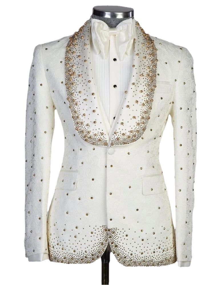 Luxury Blazer Vest 2 Pieces Men Suits One Button Wide Lapel Beads Jacquard Sequins Formal Prom Wedding Groom Pearls Tailored