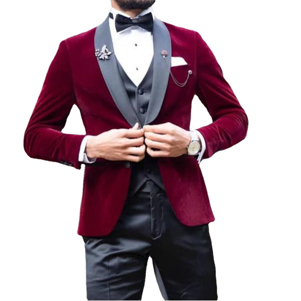 Burgundy Velvet Prom Men Suits 3 Piece Dinner Blazer Vest with Black Pants Shawl Lapel Wedding Tuxedo for Groom