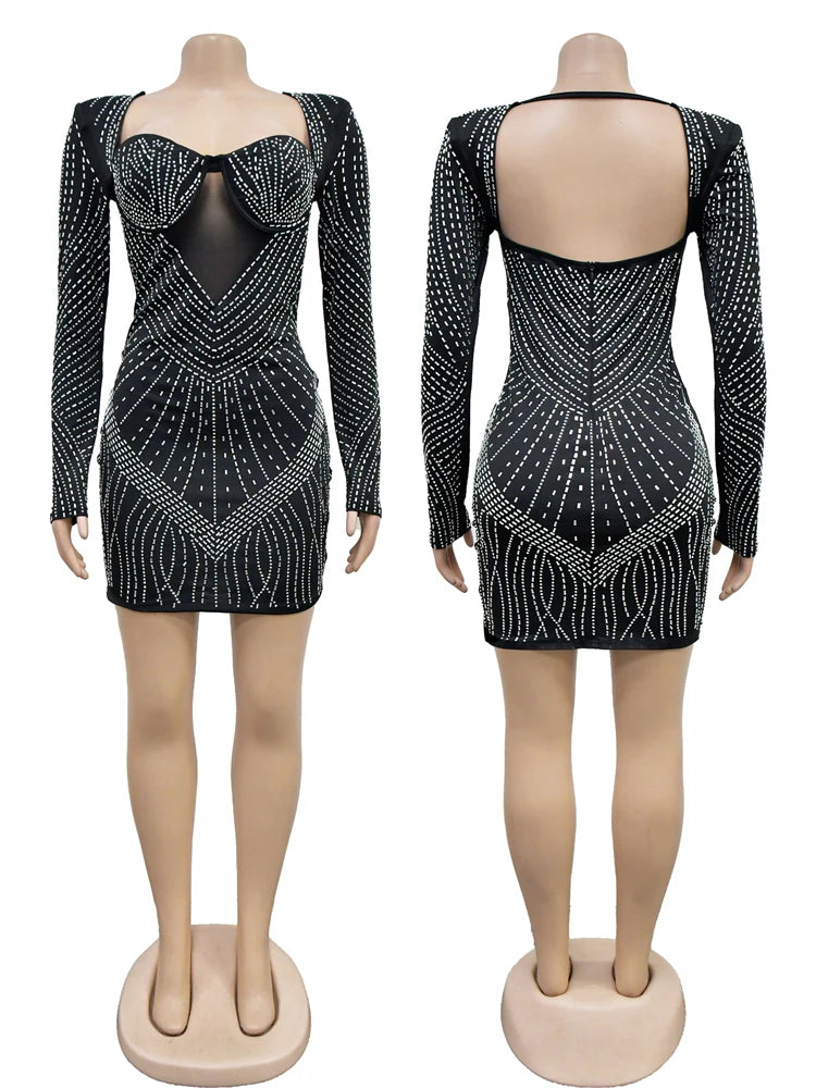 Beautiful Black Rhinestone Padded Mini Dress Sexy Long Sleeve Diamonds Party Dress Birthday Outfits Night Out Wear Robe