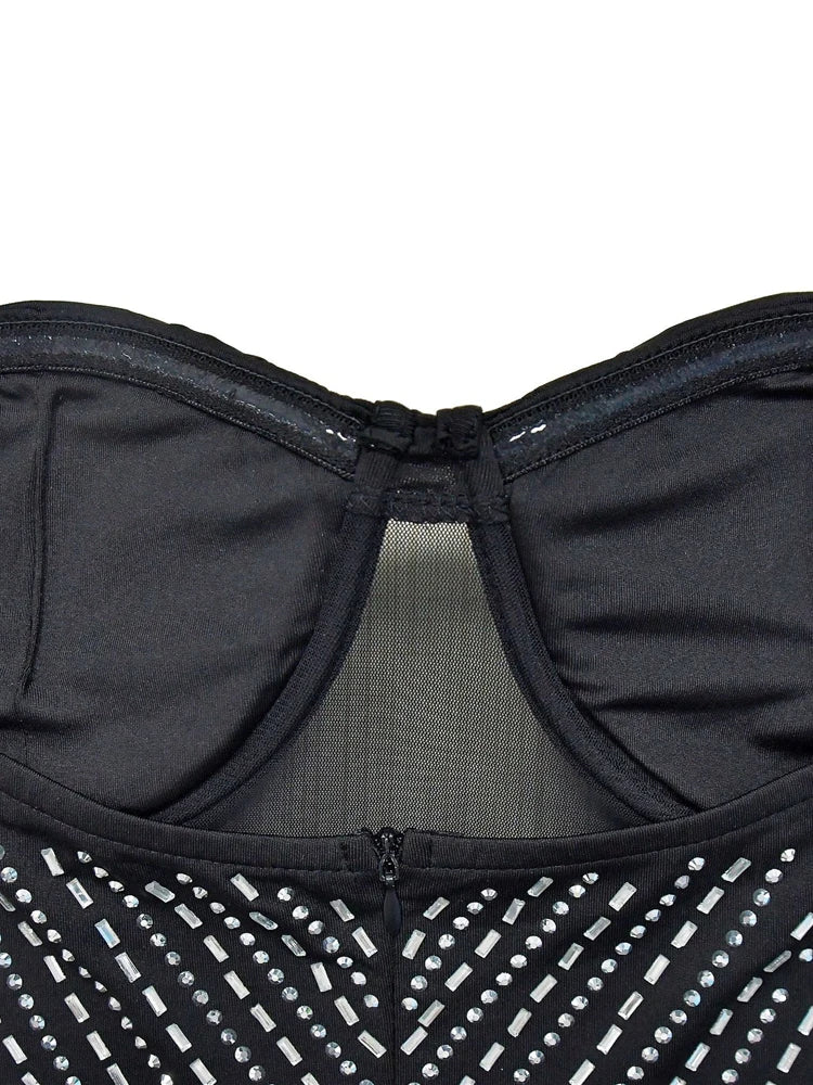 Beautiful Black Rhinestone Padded Mini Dress Sexy Long Sleeve Diamonds Party Dress Birthday Outfits Night Out Wear Robe