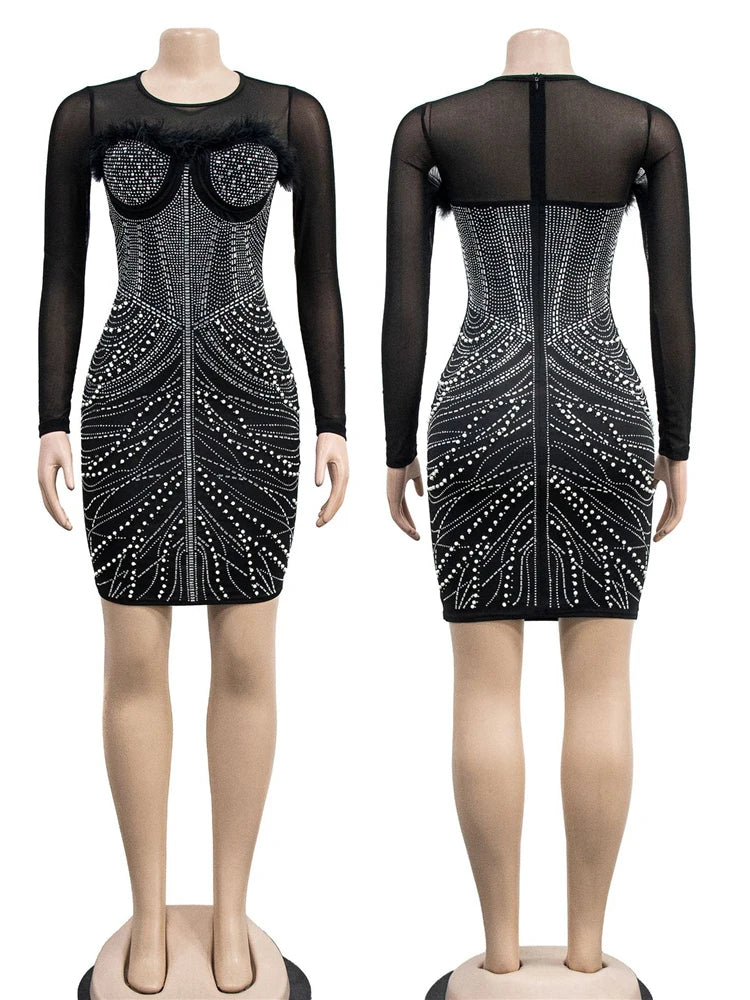 Sparkle Sequin Feather Short Party Dress Womens Glitter Mesh Sequins Birthday Dresses Shoulder Padded Celebrities Outfits