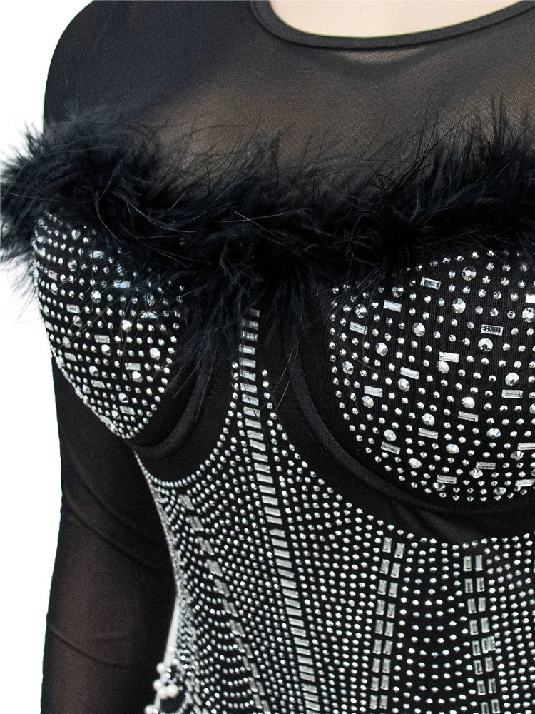 Sparkle Sequin Feather Short Party Dress Womens Glitter Mesh Sequins Birthday Dresses Shoulder Padded Celebrities Outfits