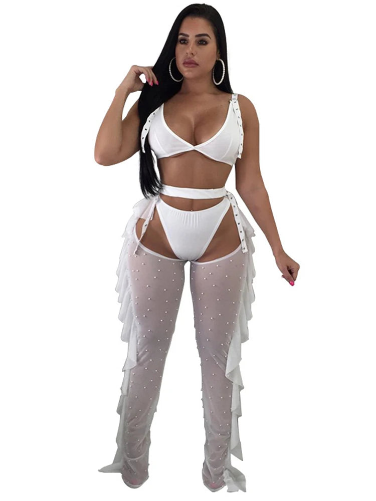 Women Beading Pearl See Through Sheer Mesh 3 Pieces Outfits Bra Crop Top and Hollow Out Ruffle Long Pants Sexy Club Wear
