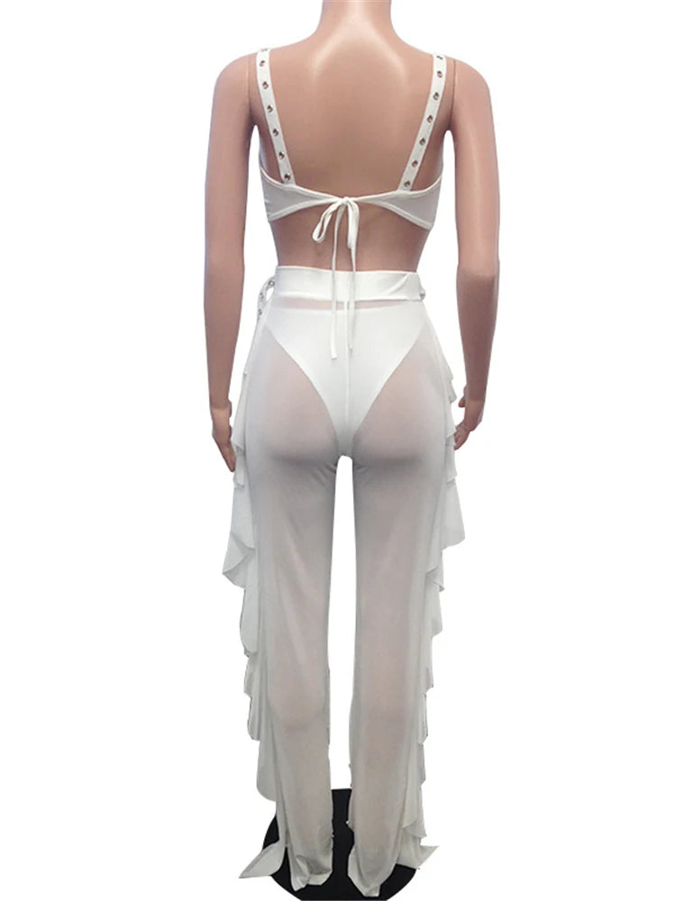 Women Beading Pearl See Through Sheer Mesh 3 Pieces Outfits Bra Crop Top and Hollow Out Ruffle Long Pants Sexy Club Wear