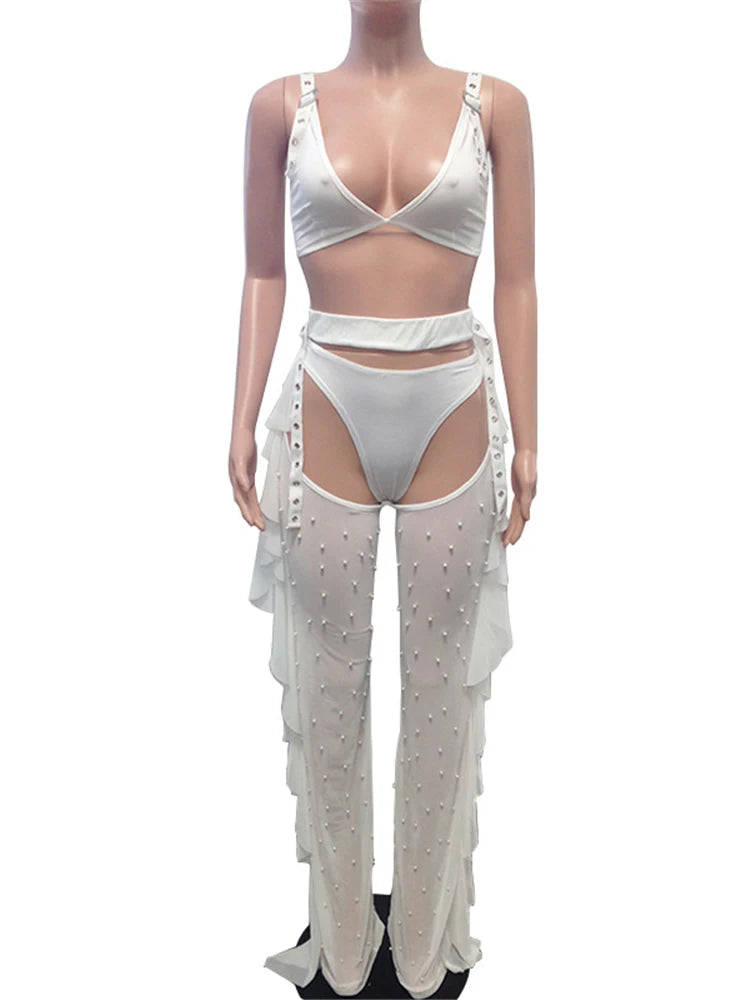 Women Beading Pearl See Through Sheer Mesh 3 Pieces Outfits Bra Crop Top and Hollow Out Ruffle Long Pants Sexy Club Wear