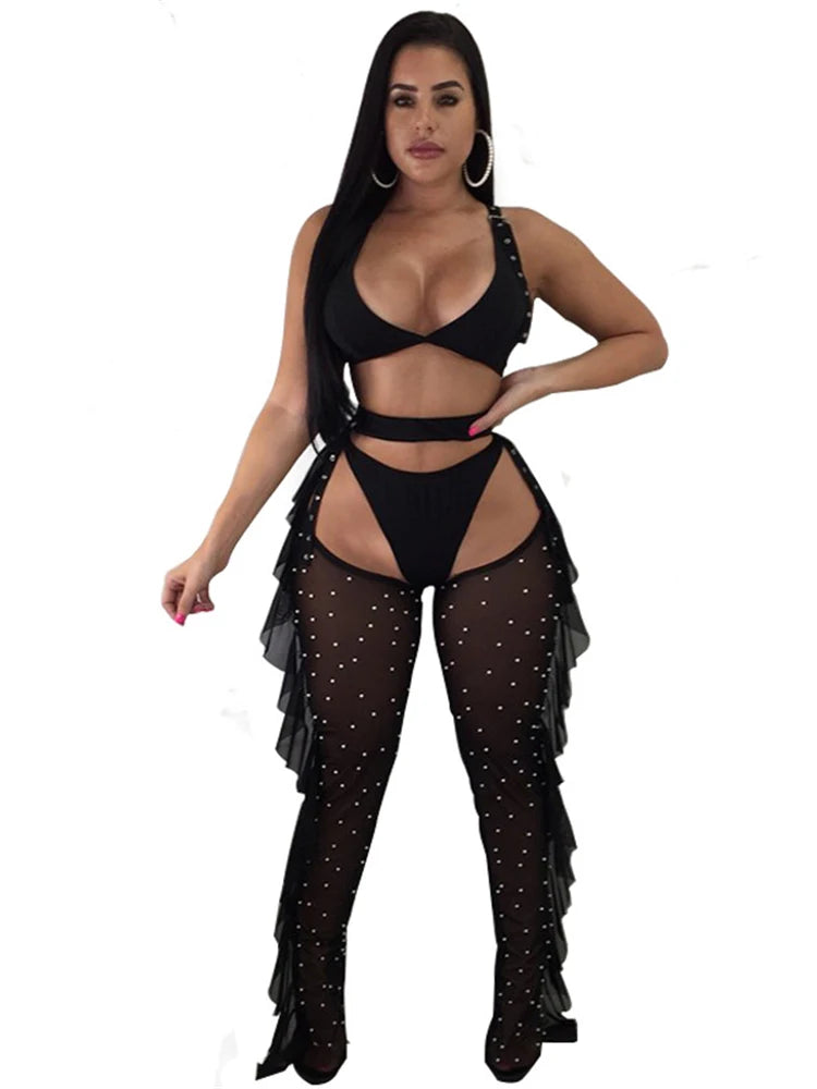 Women Beading Pearl See Through Sheer Mesh 3 Pieces Outfits Bra Crop Top and Hollow Out Ruffle Long Pants Sexy Club Wear