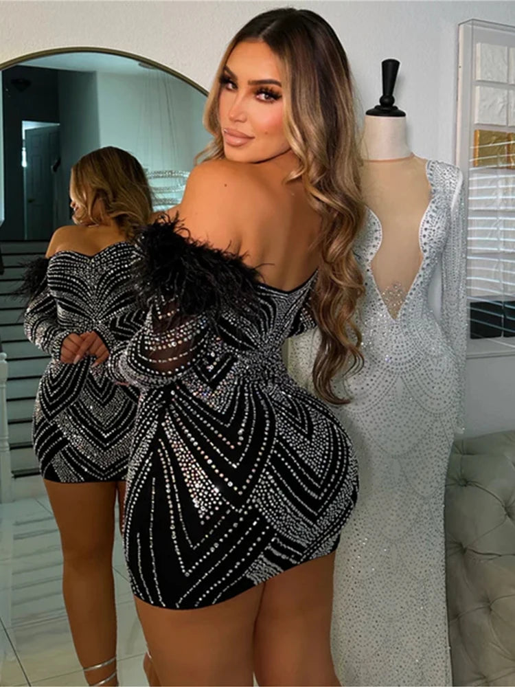 Women Sexy Hot Drilling Process Party Club Night Dress Craft Rhinestone Slash Neck Feather Long Sleeve Birthday Outfits