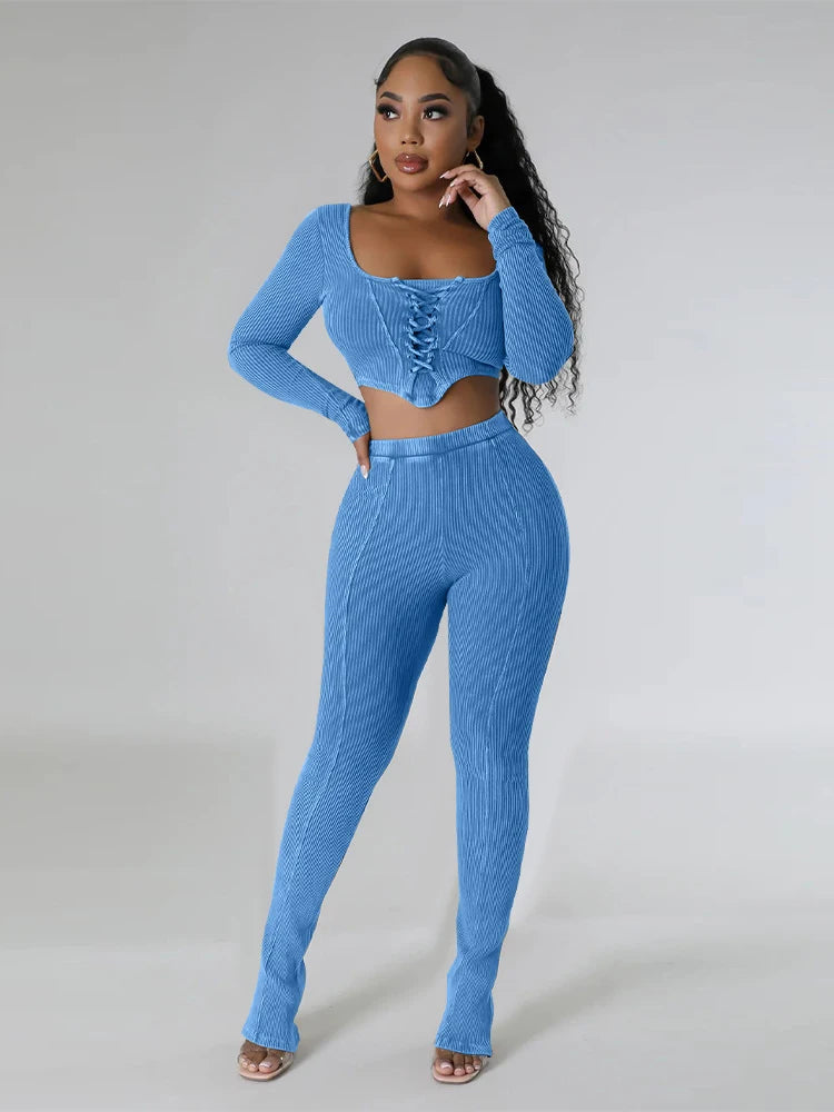 Women Sexy Long Sleeve Two Pieces Outfits Tracksuit Lace Up Square Collar Slim Bodycon Pants Sets for Women Going Out