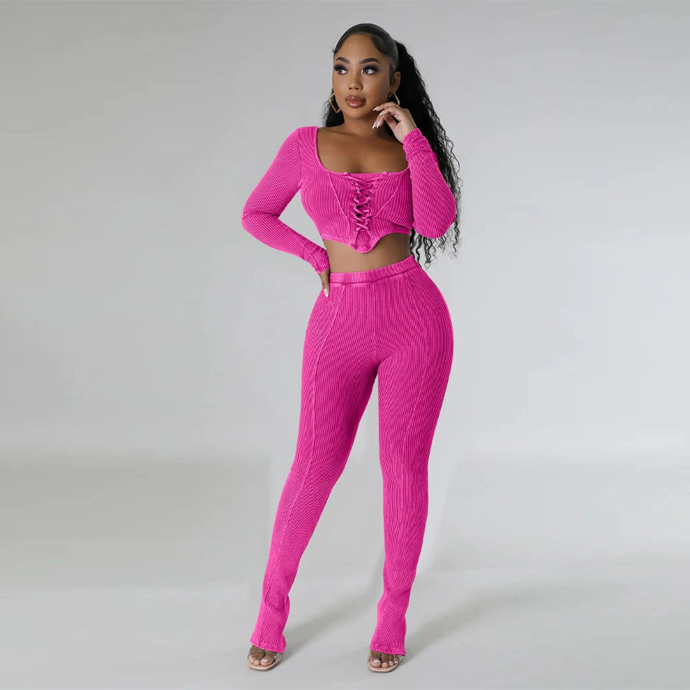 Women Sexy Long Sleeve Two Pieces Outfits Tracksuit Lace Up Square Collar Slim Bodycon Pants Sets for Women Going Out