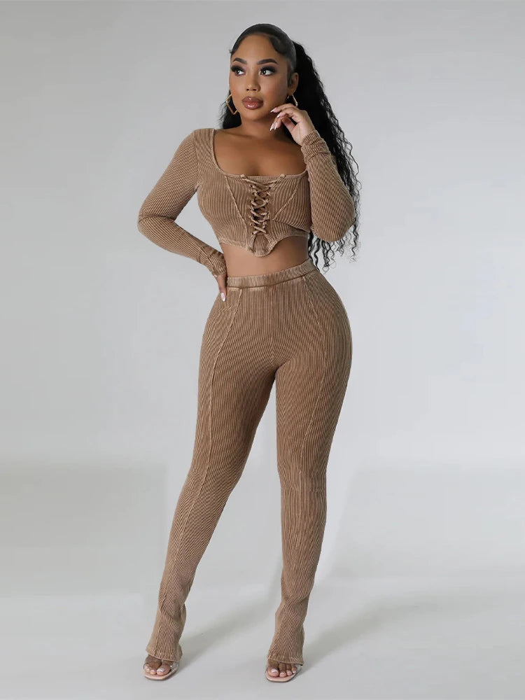 Women Sexy Long Sleeve Two Pieces Outfits Tracksuit Lace Up Square Collar Slim Bodycon Pants Sets for Women Going Out