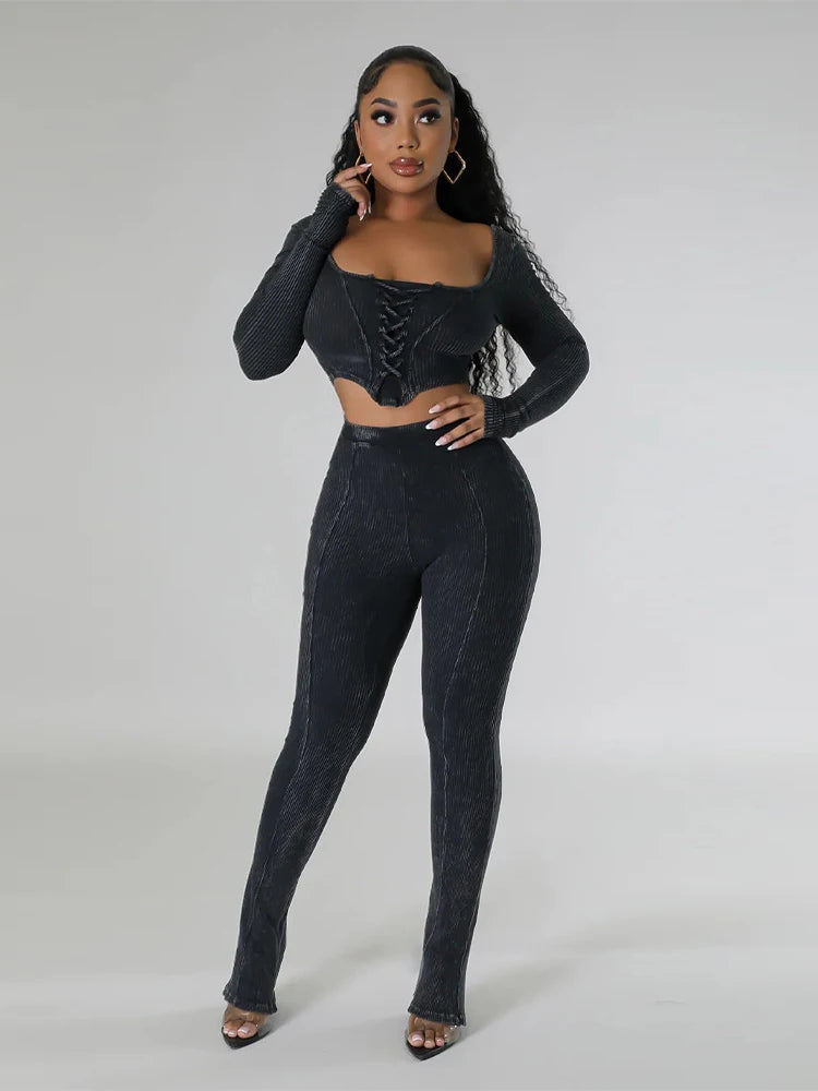 Women Sexy Long Sleeve Two Pieces Outfits Tracksuit Lace Up Square Collar Slim Bodycon Pants Sets for Women Going Out