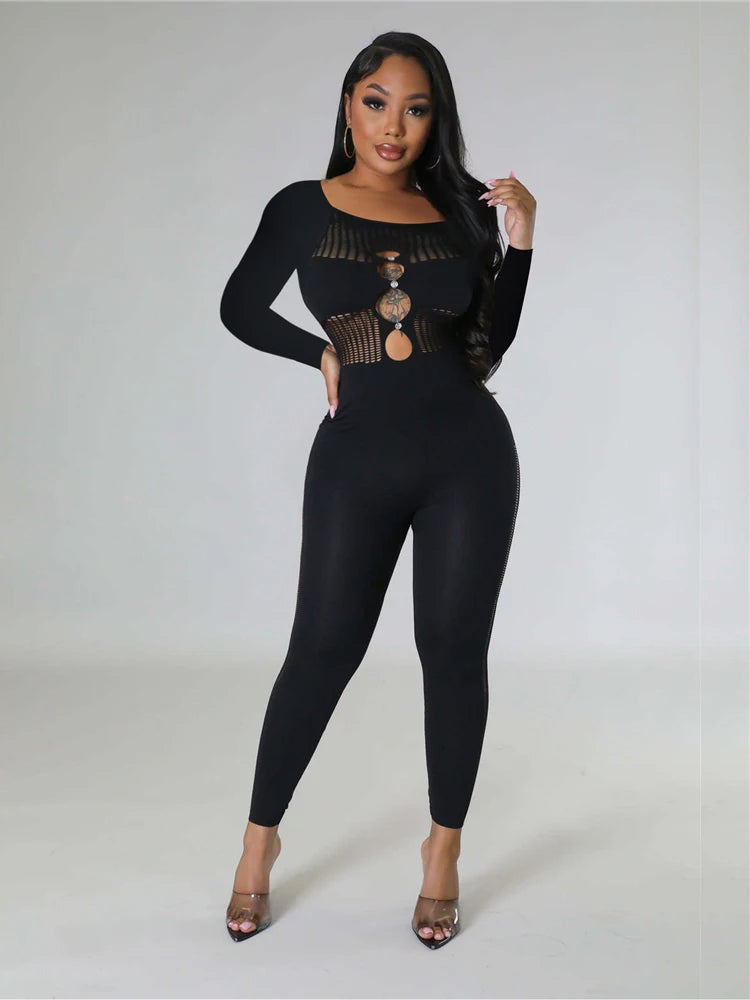 Women's One Piece Outfits Sexy Night Club Party Hollow Out Romper Long Sleeve Patchwork Bodycon Skinny Pants Jumpsuit