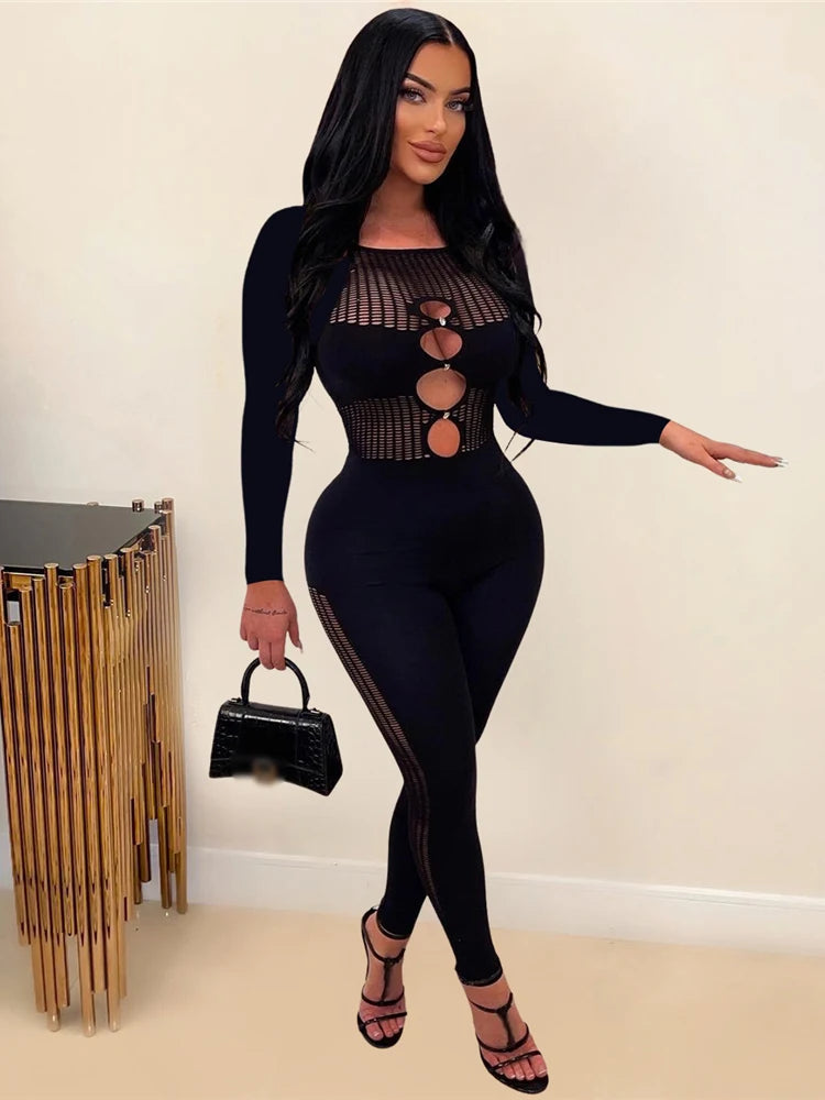 Women's One Piece Outfits Sexy Night Club Party Hollow Out Romper Long Sleeve Patchwork Bodycon Skinny Pants Jumpsuit