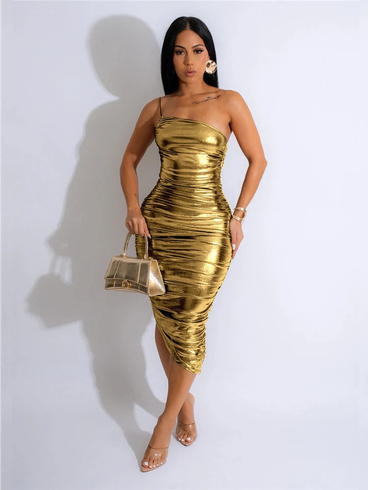 Women's Ruched Bodycon Dress Luxury Bronzing Summer One Shoulder Sleeveless Party Evening Cocktail Midi Dresses Vestidos