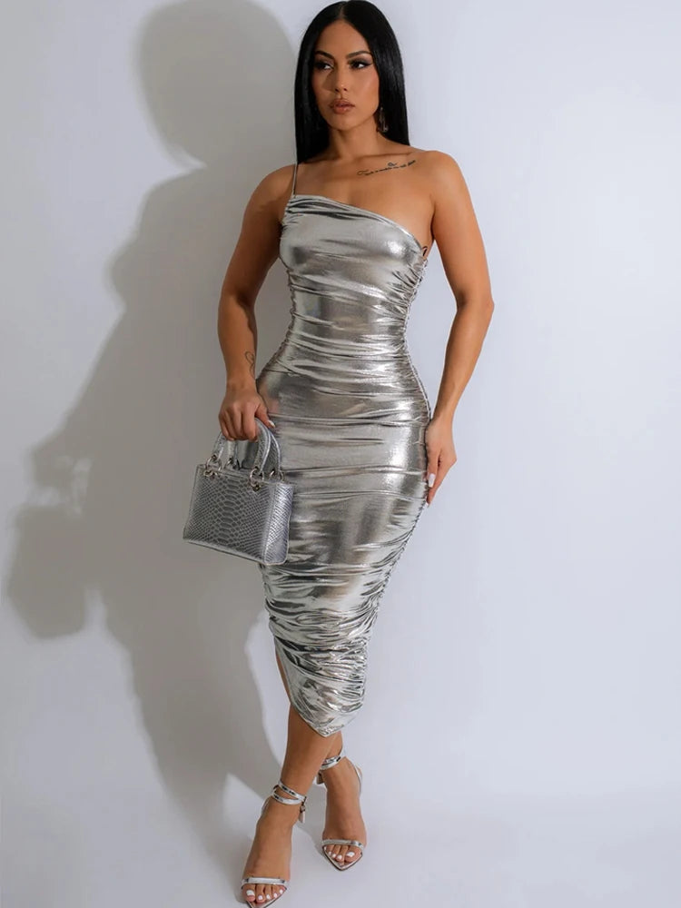 Women's Ruched Bodycon Dress Luxury Bronzing Summer One Shoulder Sleeveless Party Evening Cocktail Midi Dresses Vestidos