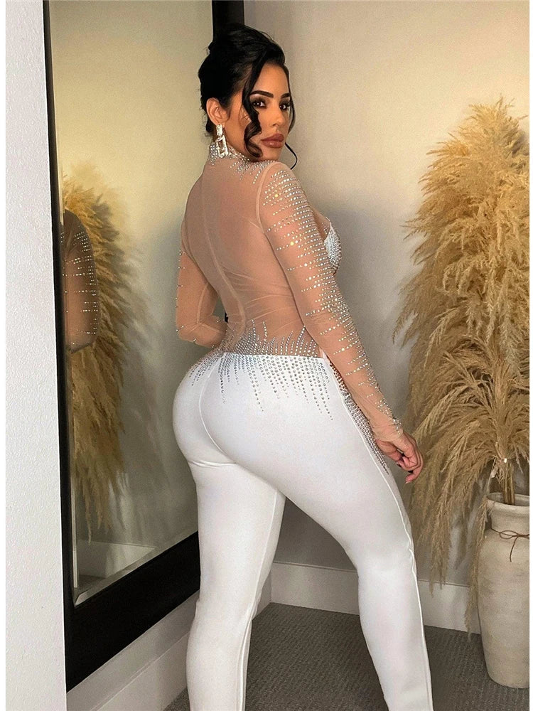 Women's Sexy Long Sleeve Rhinestones Mesh Patchwork See Through One Pieces Jumpsuits Romper Clubwear Birthday Outfits