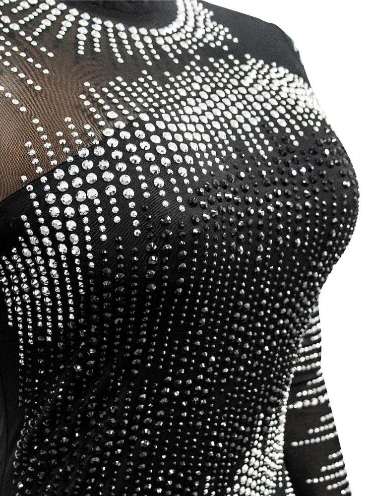 Women's Sexy Long Sleeve Rhinestones Mesh Patchwork See Through One Pieces Jumpsuits Romper Clubwear Birthday Outfits