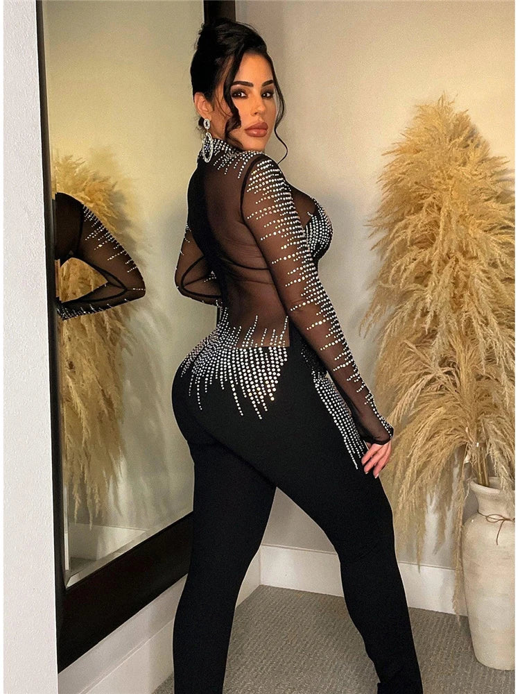 Women's Sexy Long Sleeve Rhinestones Mesh Patchwork See Through One Pieces Jumpsuits Romper Clubwear Birthday Outfits
